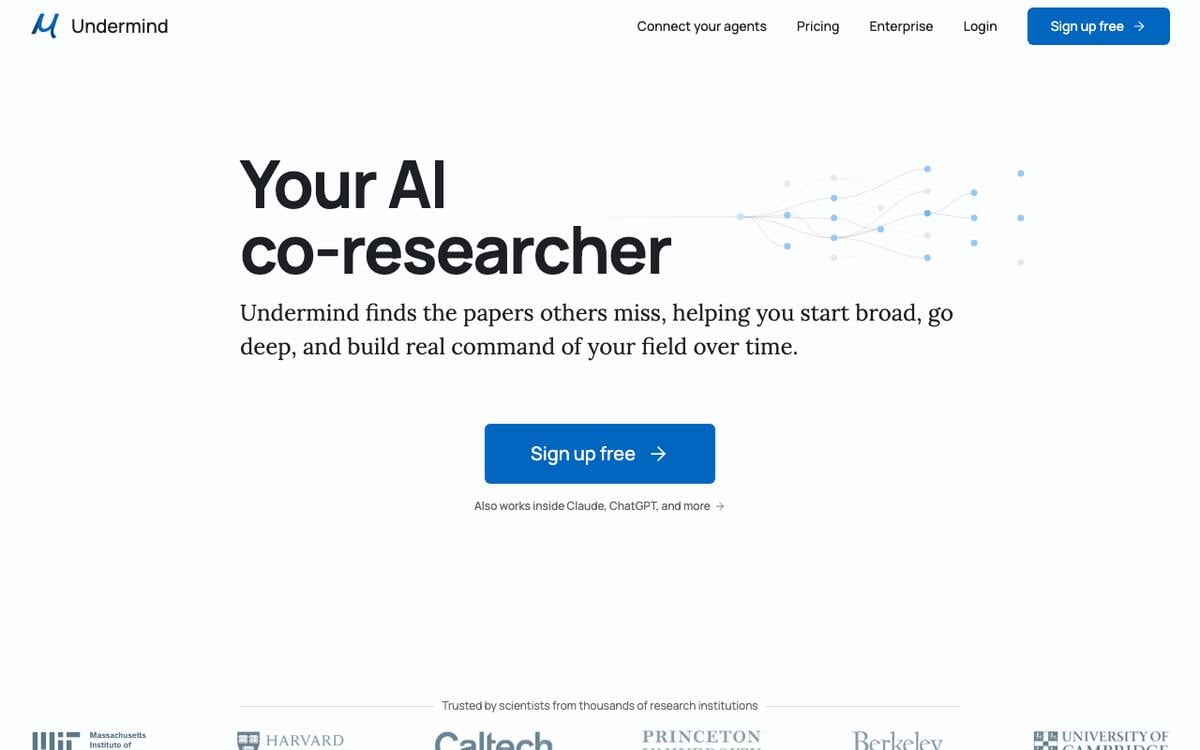 Undermind homepage with the headline Your AI co-researcher and a Sign up free button