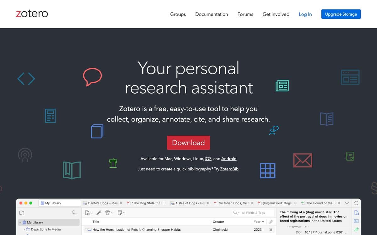 Zotero homepage reading Your personal research assistant, with a Download button and a view of a Zotero library