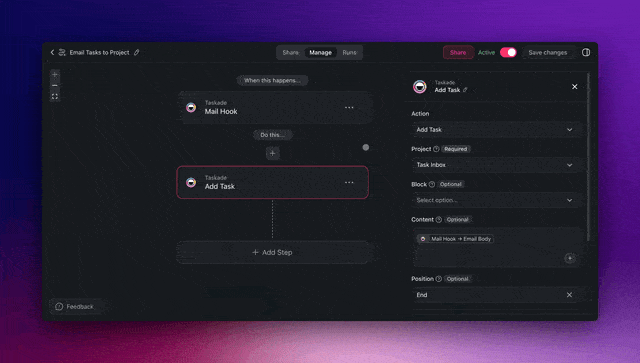 Sending tasks to Taskade via email using the Mail Hook trigger.