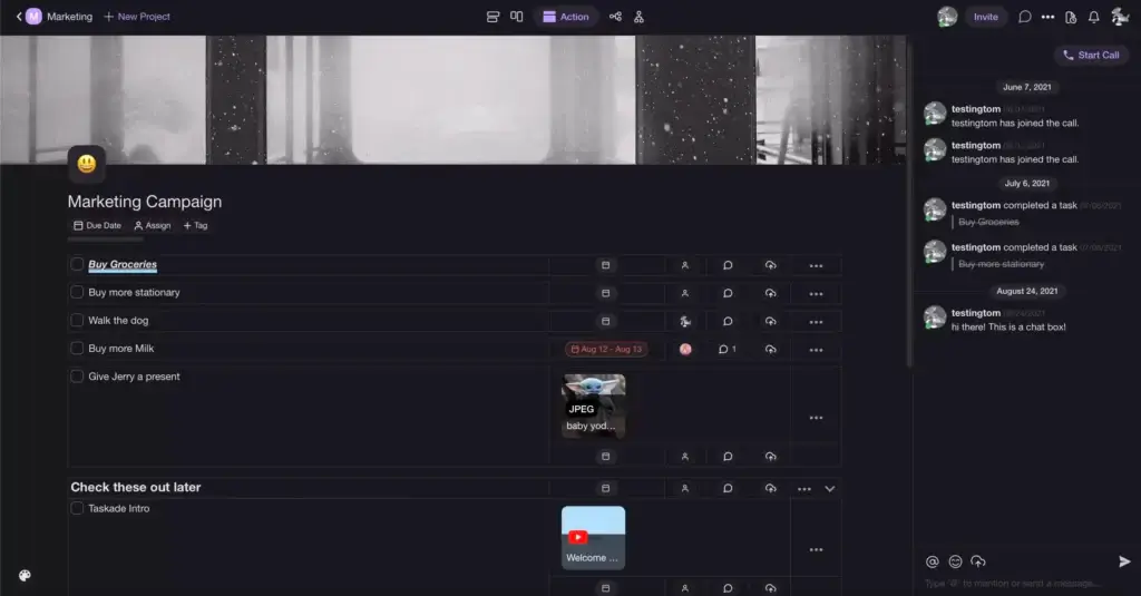 A Taskade project in an action view.