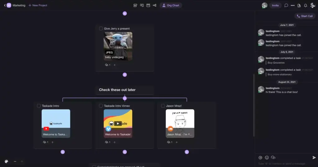 A Taskade project in an org chart view.