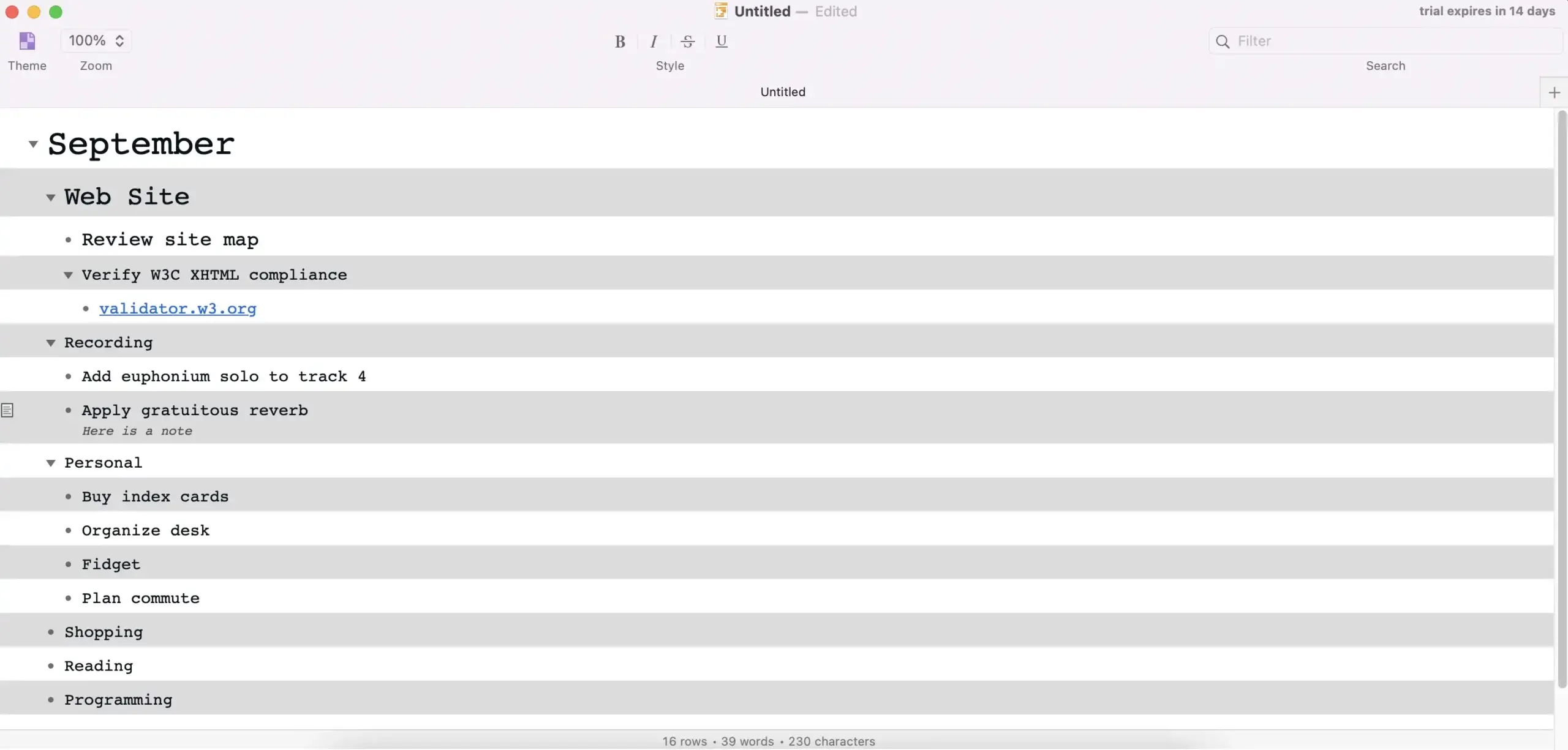 An outline in OmniOutliner.