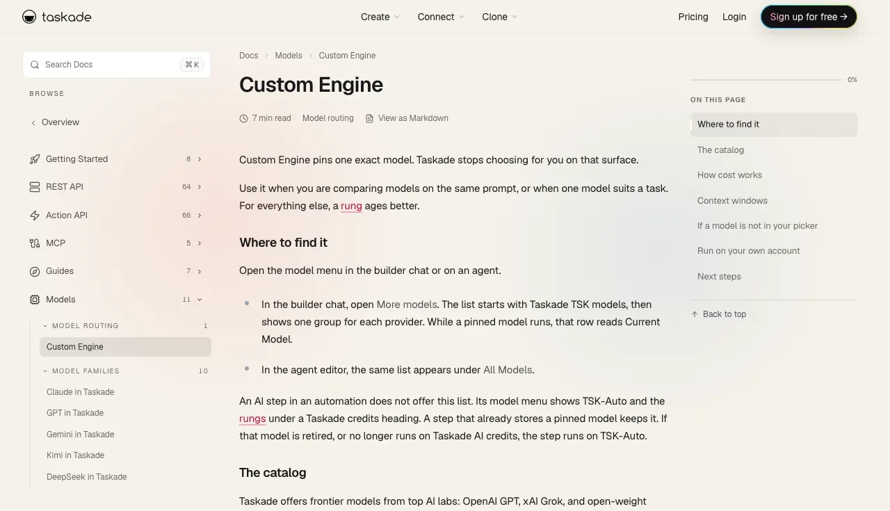 The Taskade model catalog in the developer docs: Custom Engine pins one exact model, and the catalog lists frontier models from top AI labs, including open-weight models such as DeepSeek, Qwen, Kimi and GLM
