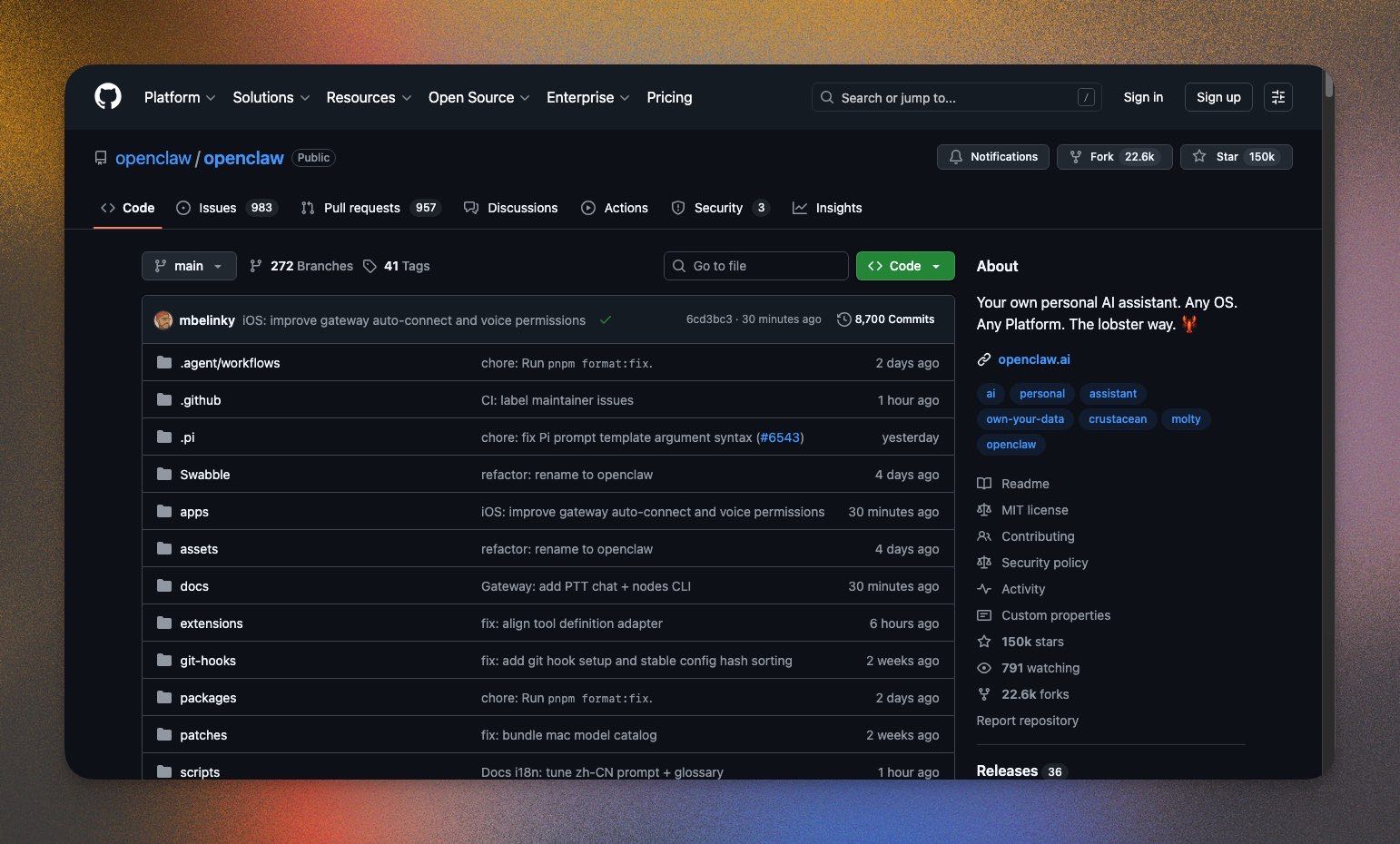 OpenClaw GitHub repository with 250,000+ stars.