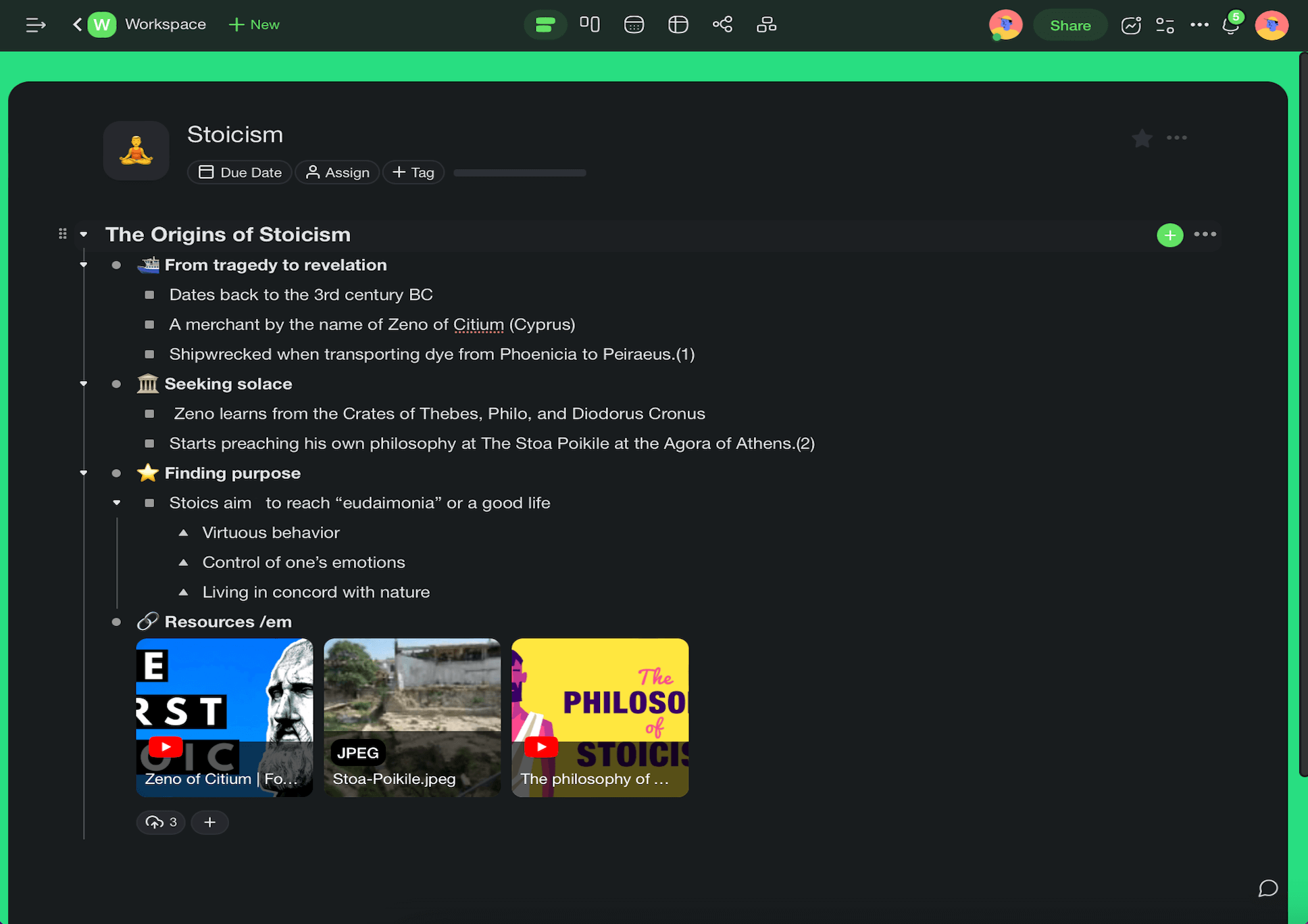 An outline note in a Taskade Project.