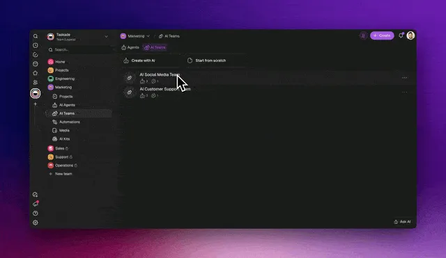 GIF showing an AI-generated Agent Team within a Taskade workspace. Each agent has a unique avatar and name.