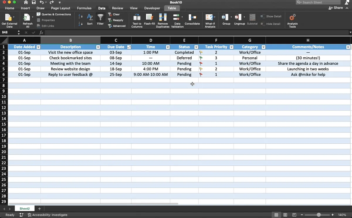 Enabling Data Validation for selected cells in an Excel spreadsheet.