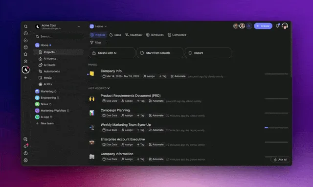 GIF showing Taskade Autopilot building a complete workspace from a single prompt, including projects, agents, and connected automation flows.