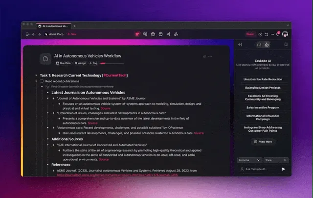 Taskade AI chat user interface.