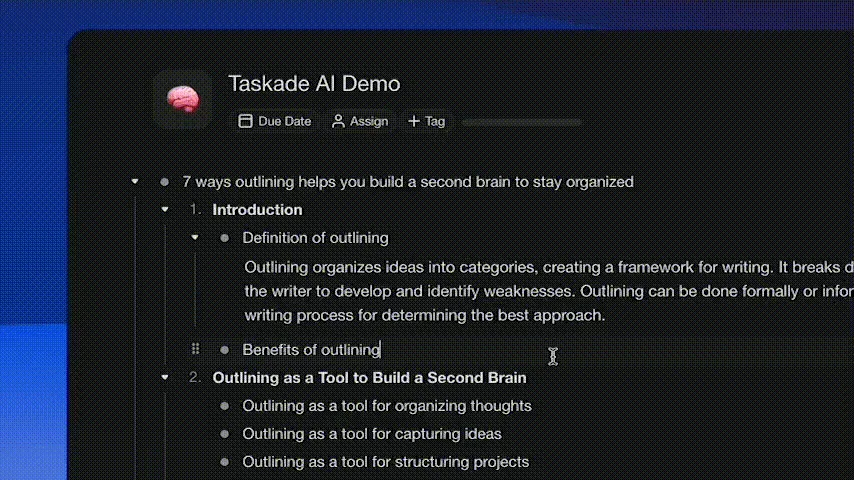 Taskade AI outliner in multiple views.