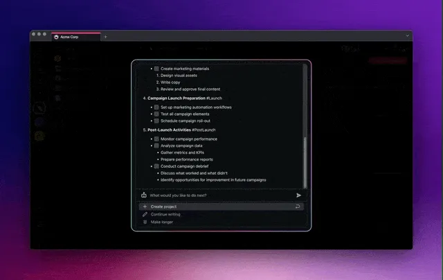 Taskade AI Workflow Generator creating a project based on natural-language prompts.