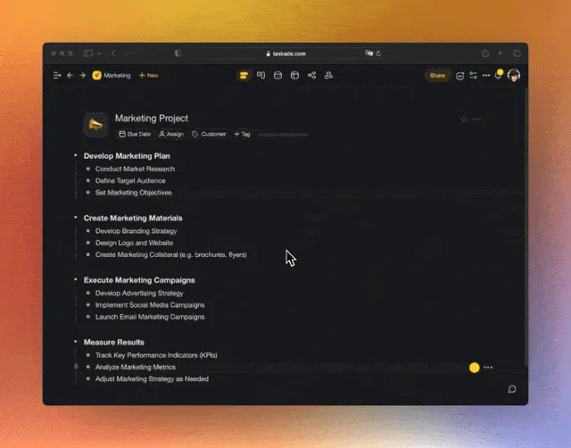 Taskade AI assistant shortcut.