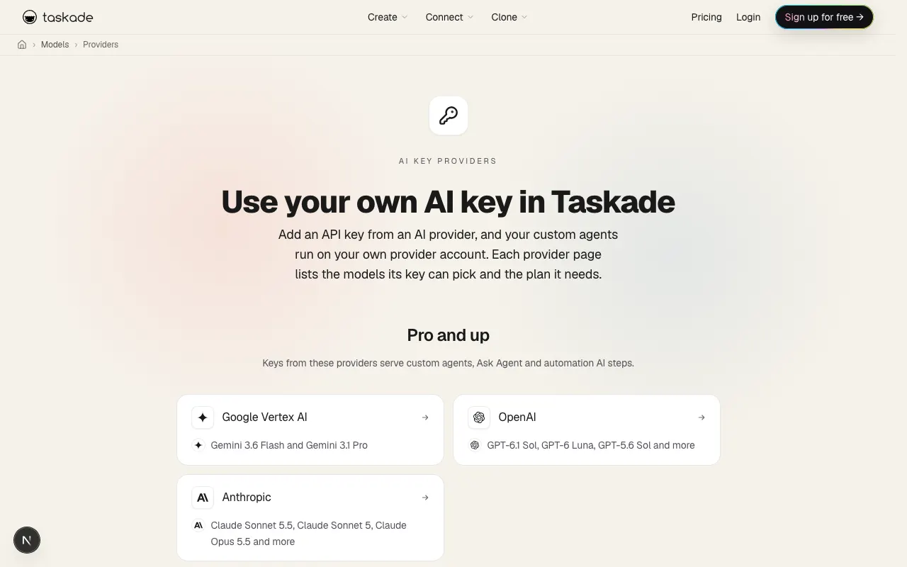 The Taskade AI key providers page: OpenAI, Anthropic, and Google Vertex AI keys on Pro and up serve custom agents, Ask Agent, and automation AI steps, and each provider page lists the models its key can pick
