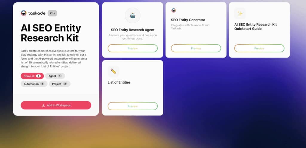 Screenshot of Taskade’s AI SEO Entity Research Kit featuring entity list generation, semantic keyword clusters, and project workspace layout.
