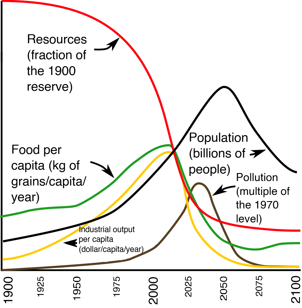The World3 model's standard-run scenario from The Limits to Growth, showing resources, population, food, industrial output, and pollution over 1900–2100.