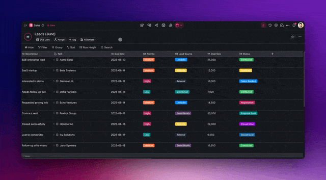 GIF showing Table View with AI auto-filling cells, applying filters, and reorganizing task data into a structured project dashboard.