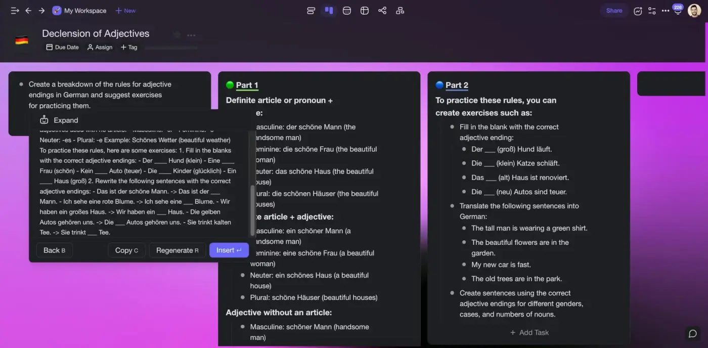 A board with rules on German adjective declension generated using Taskade AI.