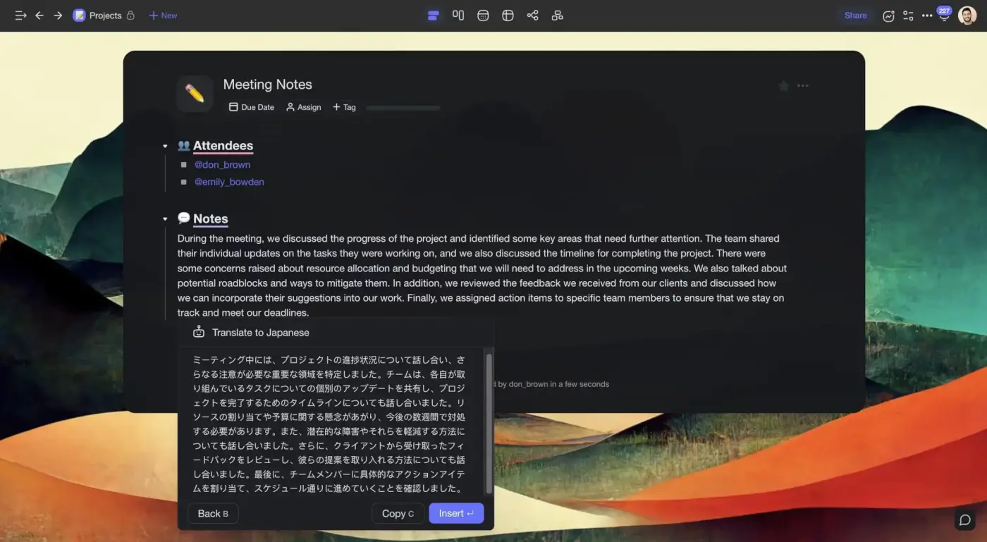 Using Taskade AI to translate meeting notes from English to Japanese.