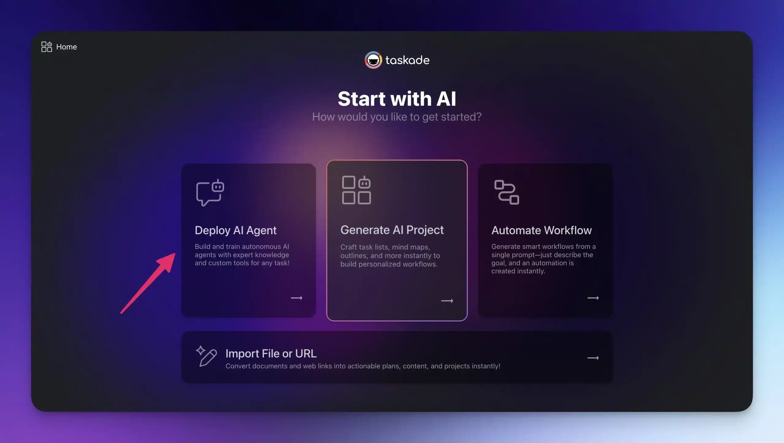 Taskade's /create screen with the 