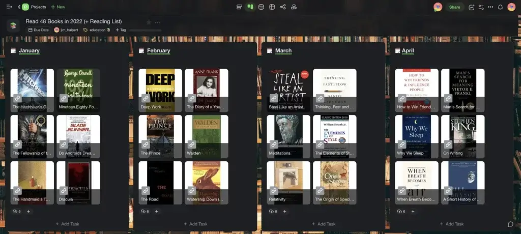 A reading list project in Taskade.