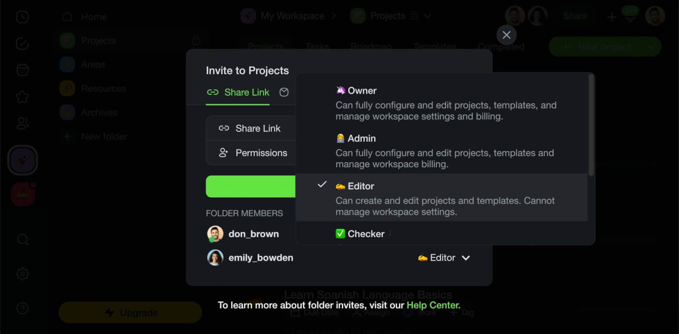 Project sharing menu in Taskade.