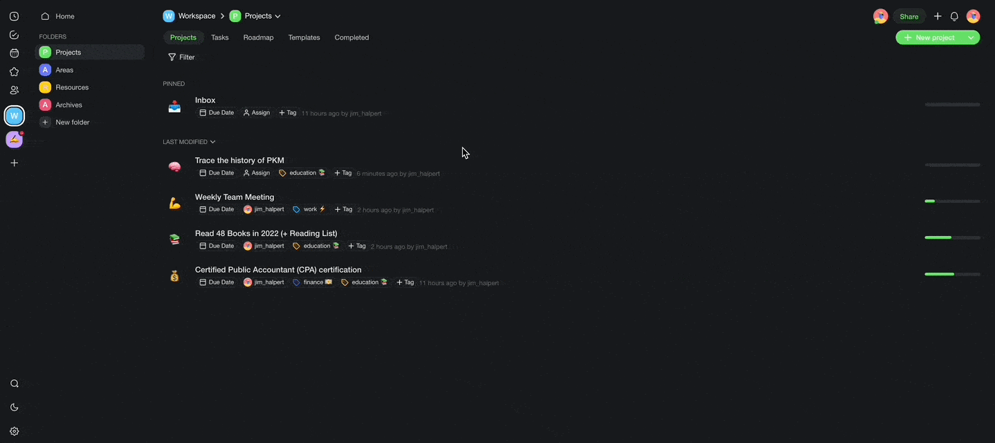 Project search in Taskade.