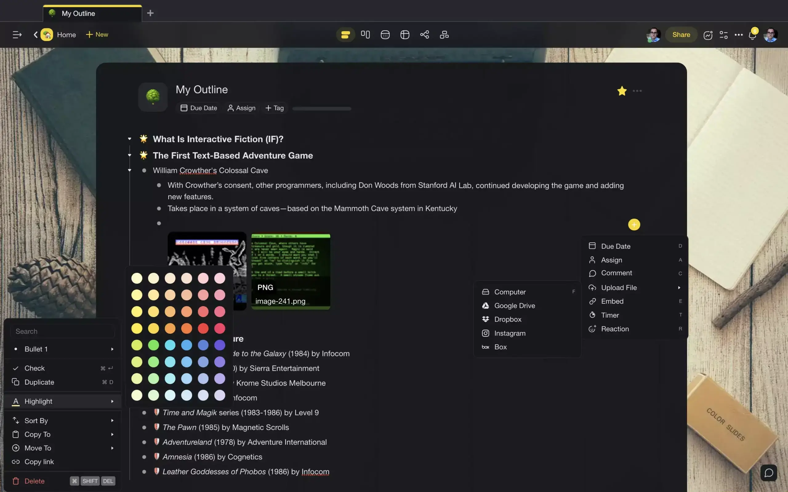 An outline in Taskade.