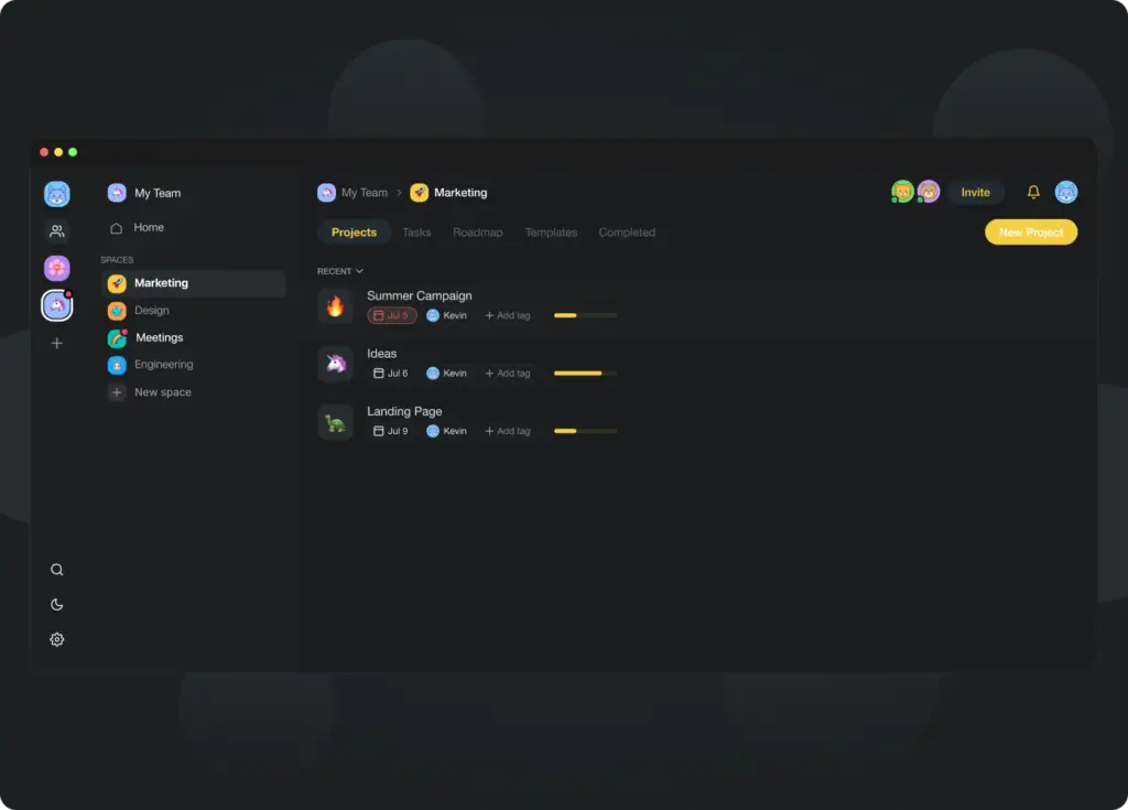 Taskade dark-mode user interface screenshot.