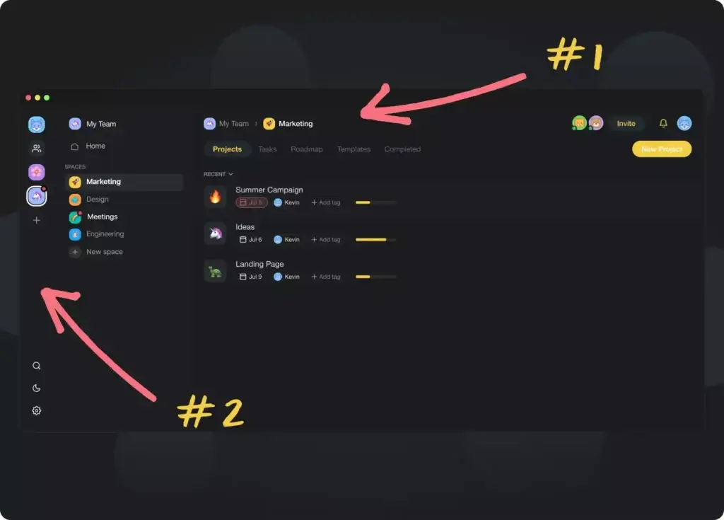 Taskade Workspace view in dark mode with arrows pointing to UI navigation elements.