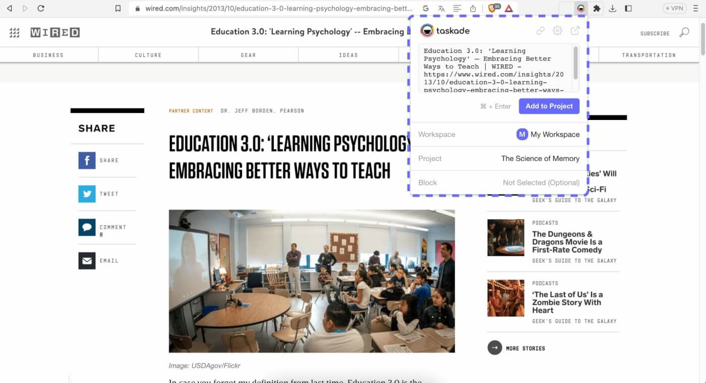 Taskade web clipper user interface.