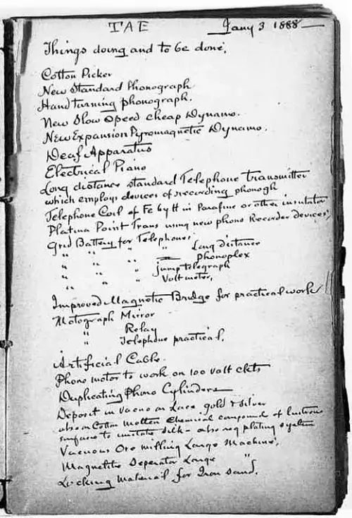 A page from Edison's notebook with a to-do list.