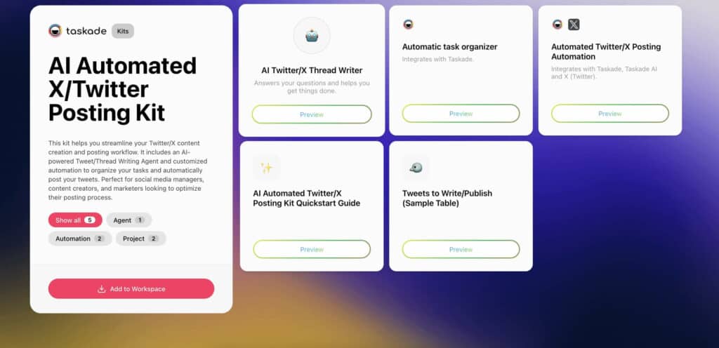 Screenshot of Taskade’s AI Twitter/X Posting Kit showing automated tweet generation, scheduling table, and agent-assisted content workflow.