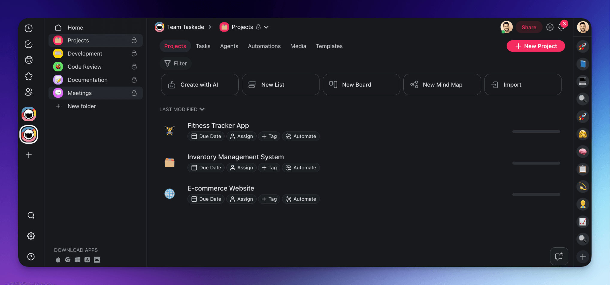 A software development workspace in Taskade, with folders in the sidebar and individual coding projects in the center.