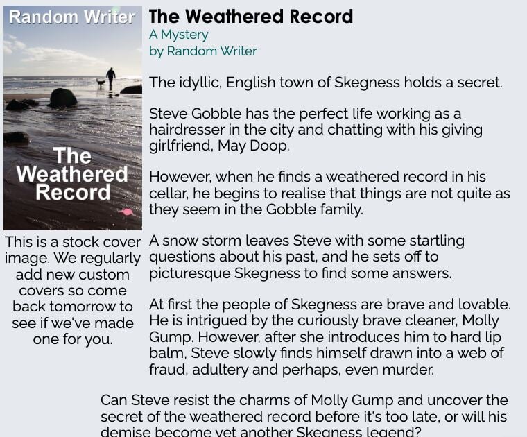 Aardgo Plot Generator mystery blurb titled The Weathered Record, with a stock cover image