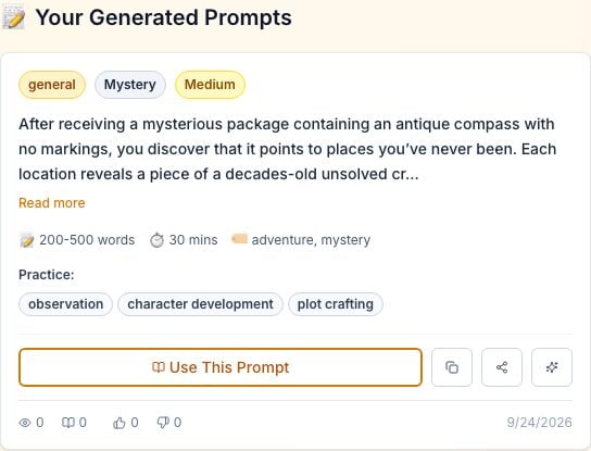 MyStoryFlow generated mystery prompt card with a suggested length of 200 to 500 words and a 30-minute time budget