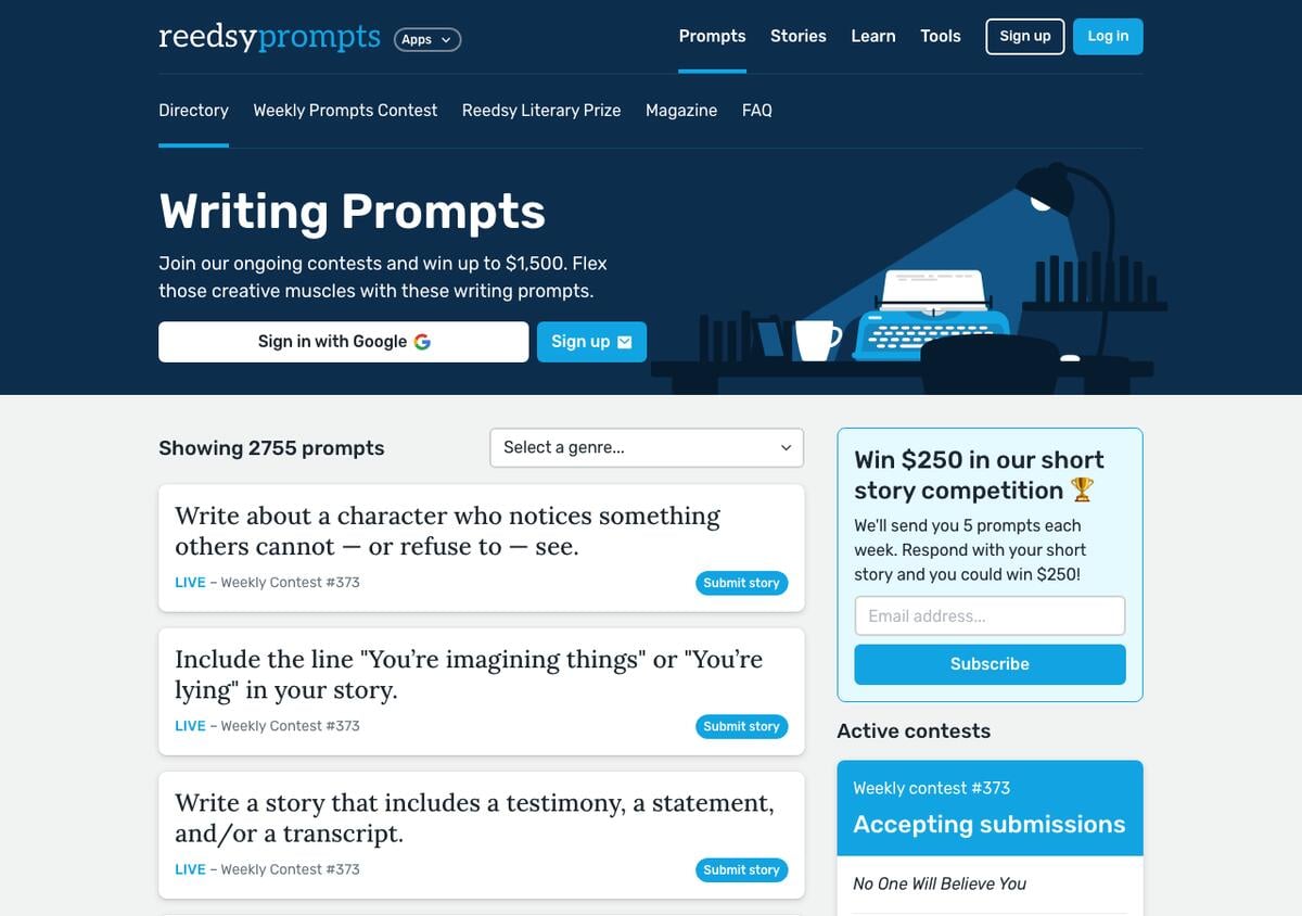 Reedsy writing prompts directory showing 2,755 prompts, a genre filter, and the live weekly contest