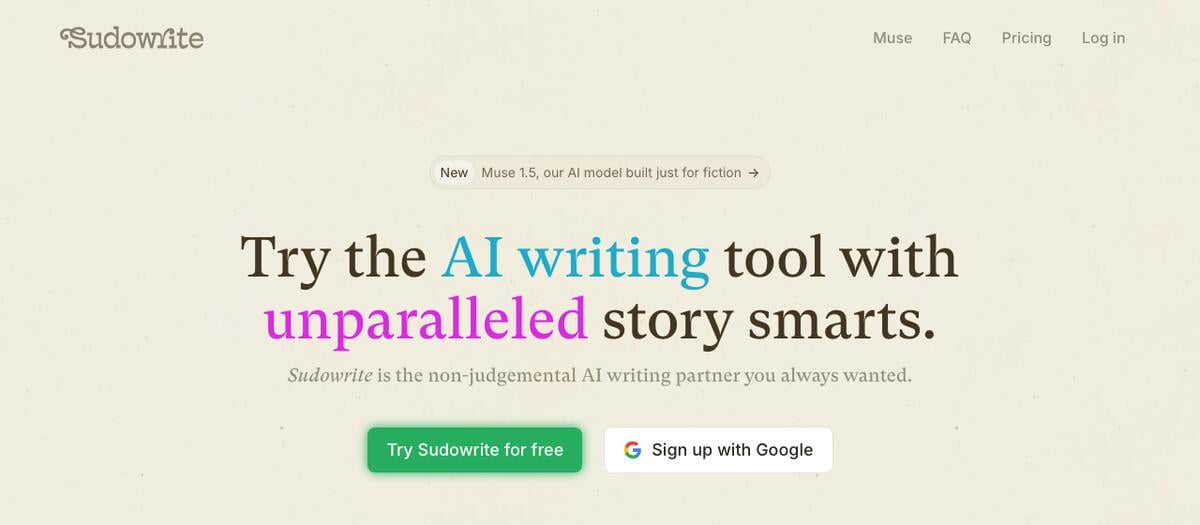 Sudowrite homepage announcing Muse 1.5, its AI model built for fiction, with a free trial button