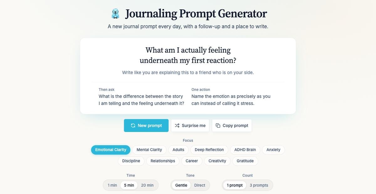 Three Cells journaling prompt generator showing a prompt, focus filters, time budget, and tone options
