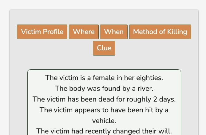 Writing Exercises Murder Plot Generator output listing a victim, a location, a time of death, a method, and a clue