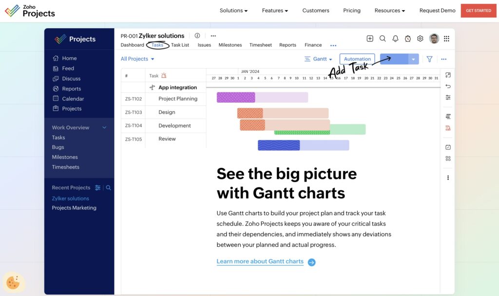 Zoho Projects user interface.