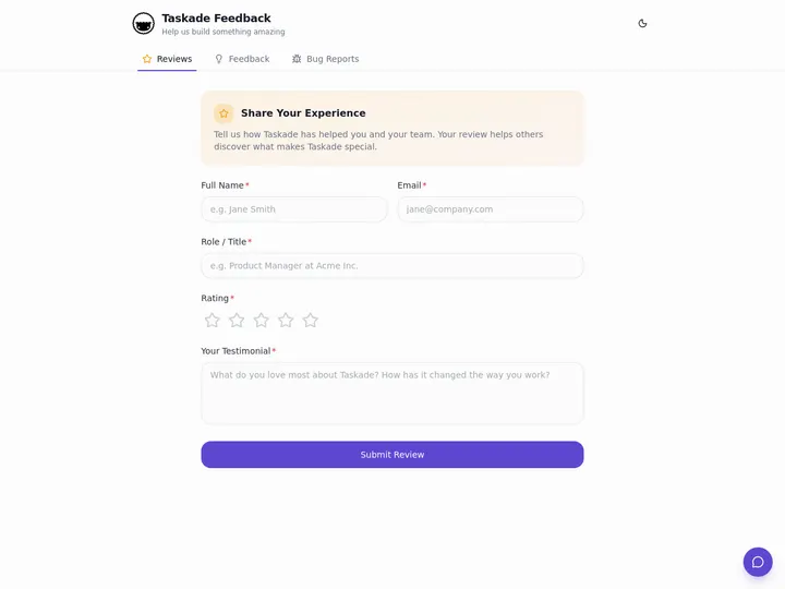 A live feedback portal built and published with Taskade Genesis