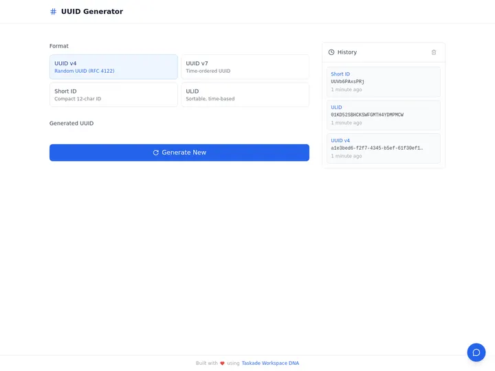 A Quick UUID generator built in Taskade Genesis — generate identifiers inside a live, cloneable app