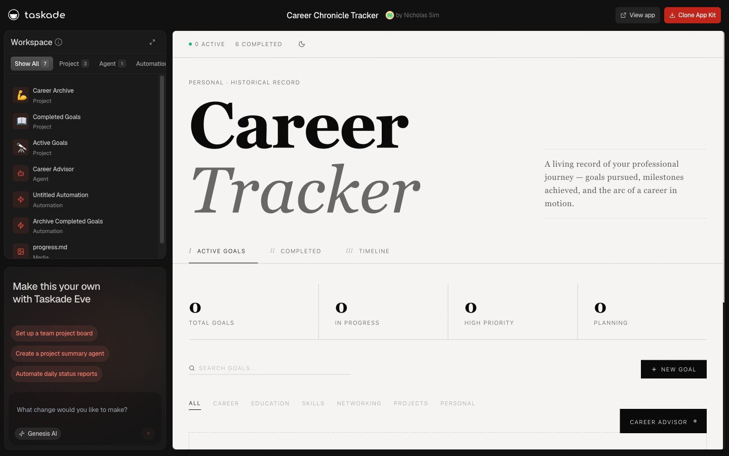 Career Chronicle Tracker — live Taskade Genesis candidate-facing career portal