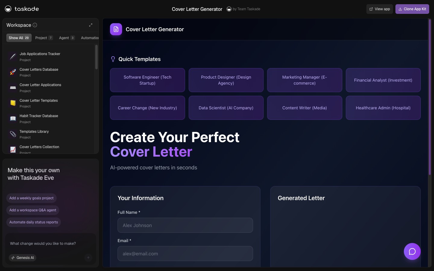 Warm-intro email factory — Cover Letter Generator repurposed for investor intros in Taskade Genesis