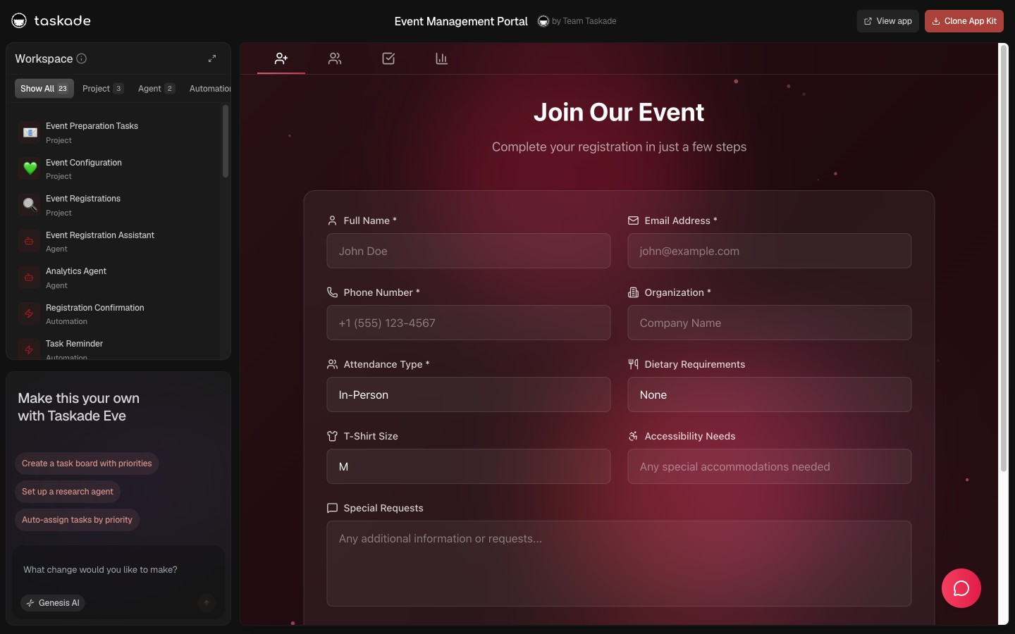 Event Management Portal — live Taskade Genesis founder dinner CRM
