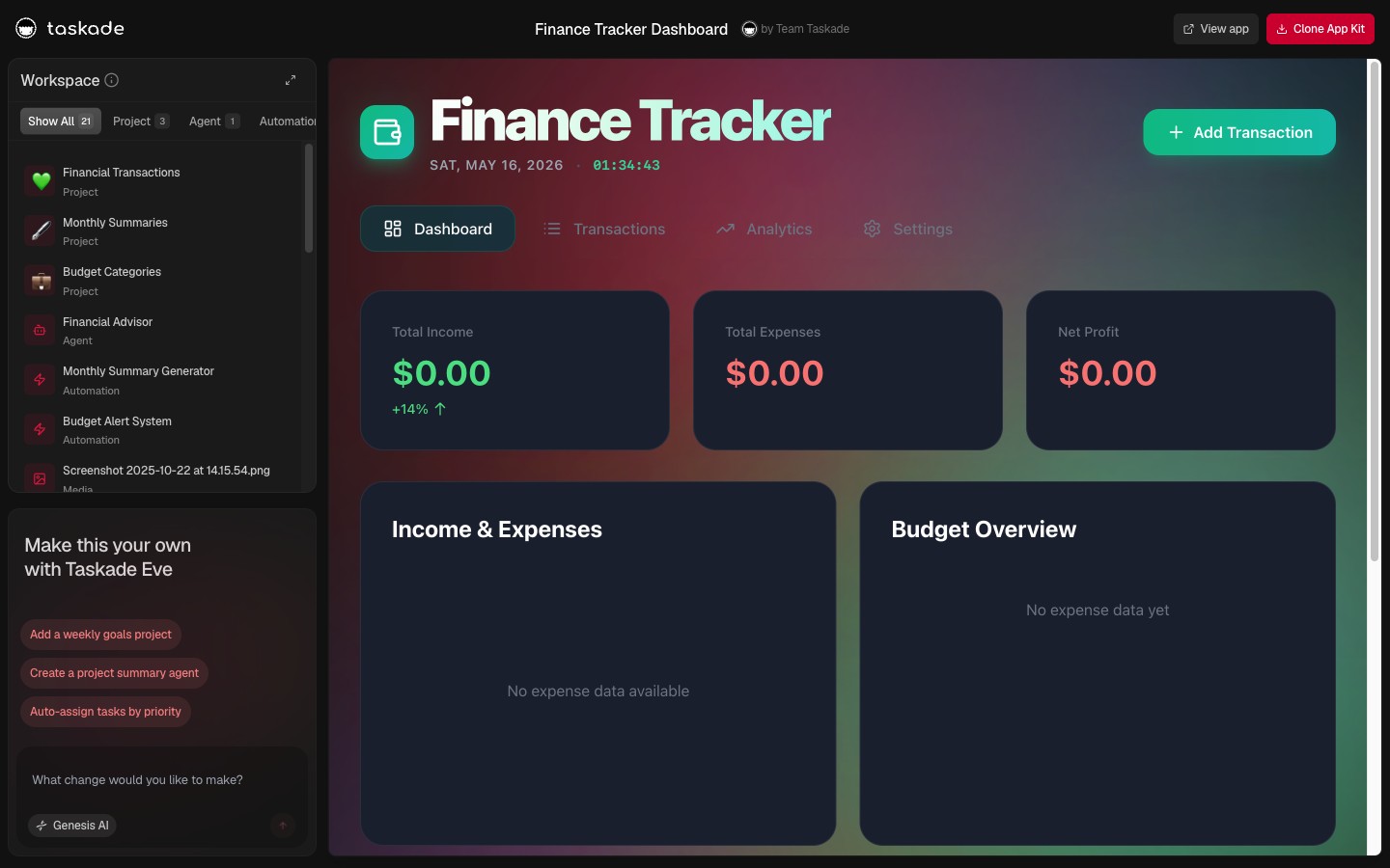 Finance Tracker Dashboard — live Taskade Genesis cash and burn demo
