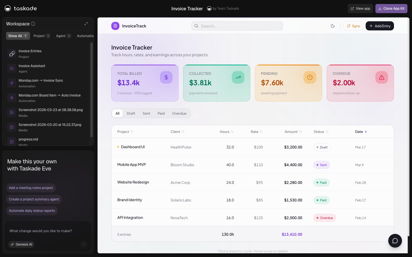 Invoice Tracker — Taskade Genesis app for freelancers and agencies tracking hours, rates, and earnings per project