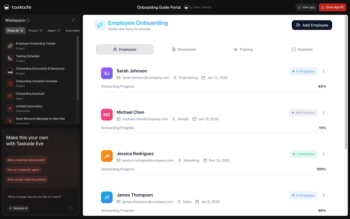 Onboarding Guide Portal — live Taskade Genesis customer onboarding template preview