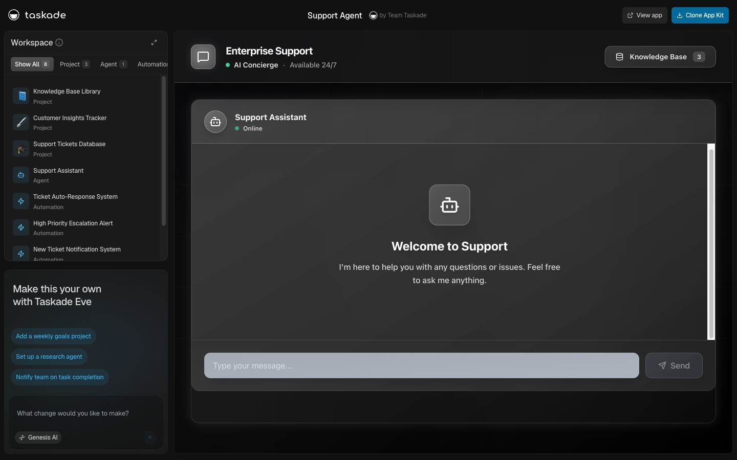 Support Agent — live Taskade Genesis AI support agent template with 22+ built-in tools