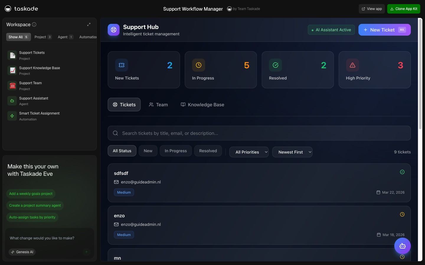 Support Workflow Manager — live Taskade Genesis customer support template with AI triage